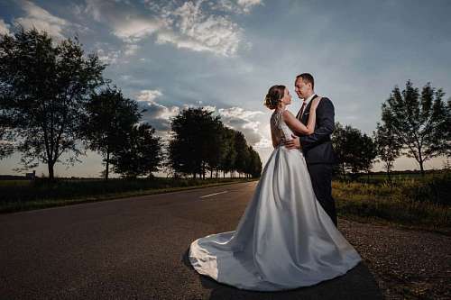 groom bride married evening road marriage