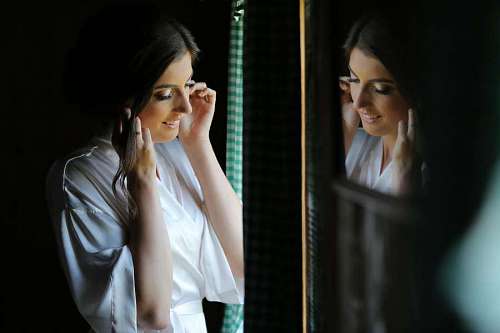 wife mirror pretty shadow smile gorgeous window woman attractive portrait wife silk coat  domestic