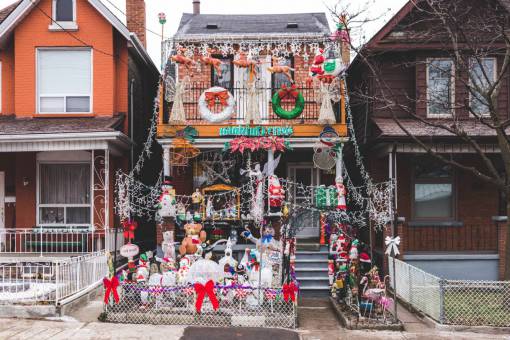 door Facade of house with Christmas decoration
