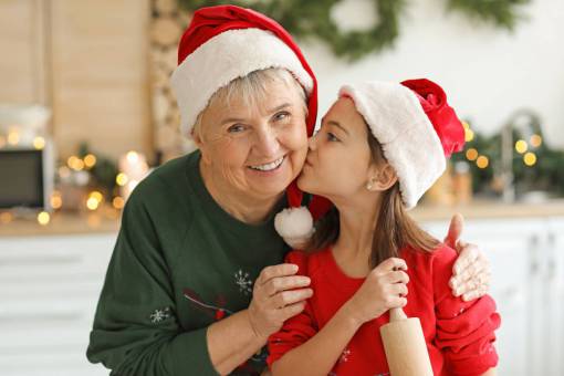 smiling Grandmother and granddaughter at christmas