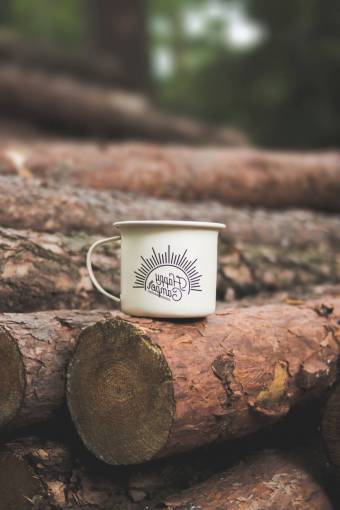 camper happy  camper  mug  cup  drink  wood  forest