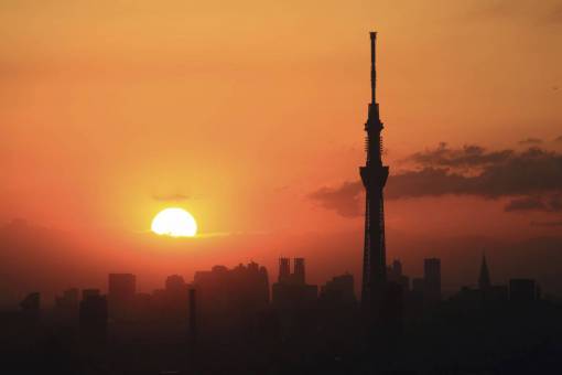 rises sunset  dusk  sky  clouds  cityscape  orange  buildings