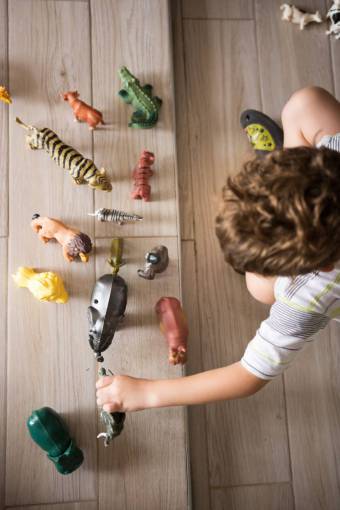 educacion Niño jugando con animales de juguete de plástico