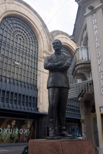 music Carlos Gardel Statue and Facade of Abasto Shopping in Buenos Aires, Argentina