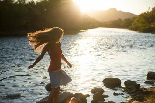 cross-country sunset  girl  river  cross  sunny  sun  water
