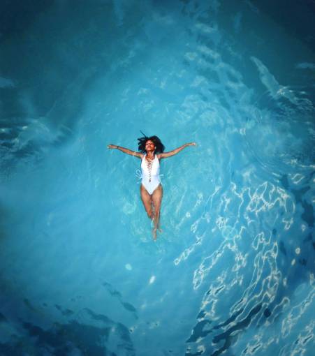 chill woman  swimming  alone  isolated  pool  blue  white