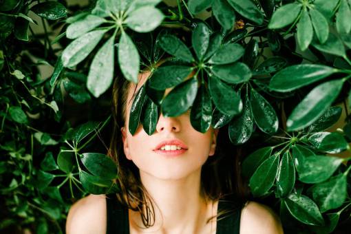 teeth hiding  woman  plants  nature  people  model  fashion