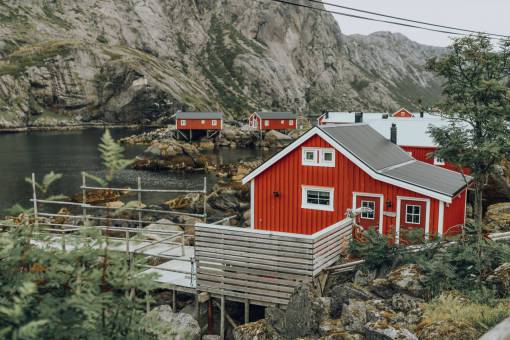 norway  lofoten  village  harbor  water  mountains  rocks