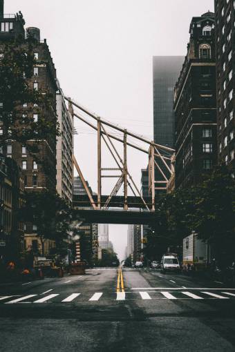 crosswalk railway  bridge  city  street  urban  buildings  road
