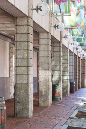 brick  sidewalk  city  building  facade  columns  beams