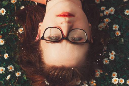 upside woman  glasses  daisies  flower  smile  smirk  upsidedown