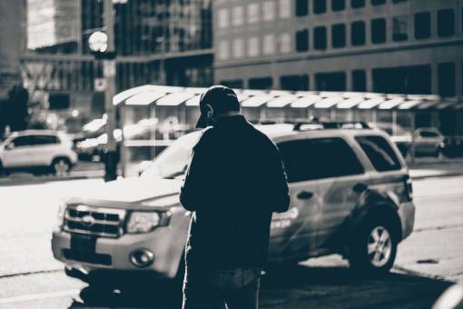 monochrome urban  city  street  people  man  guy  hat