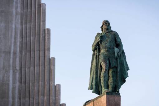 monument Statue of Leif Erikson. The statue of explorer Leif Erikson in front of the Hallgrimskirkja church in Reykjavik, Iceland