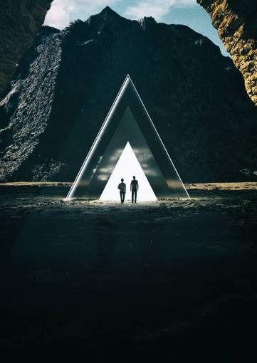 alto Imagen futurista de humanos atravesando un portral.