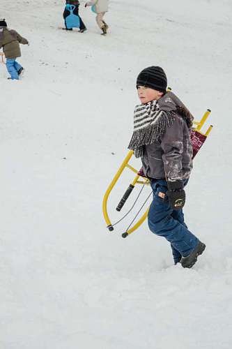 sled child playing boy snow sled fun joy winter
