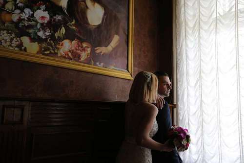 looking-over-shoulder confidence groom curtain bride arts fine romance shoulder decoration pretty interior