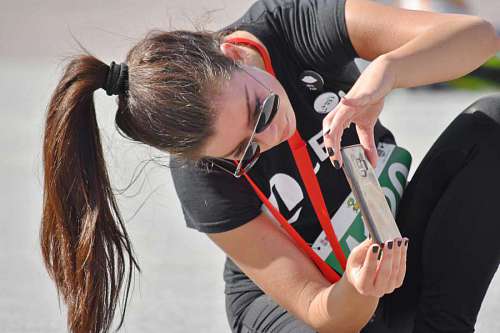 magnification phone pretty angle brunette gorgeous photographer mobile sunglasses woman 