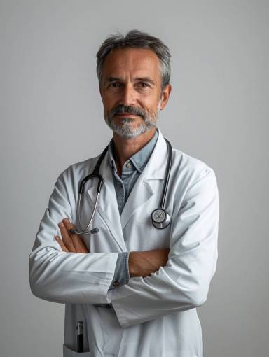 oficina Doctor con los brazos cruzados mirando a la cámara