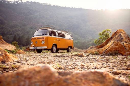 fashion Vintage Orange Mini van outdoors