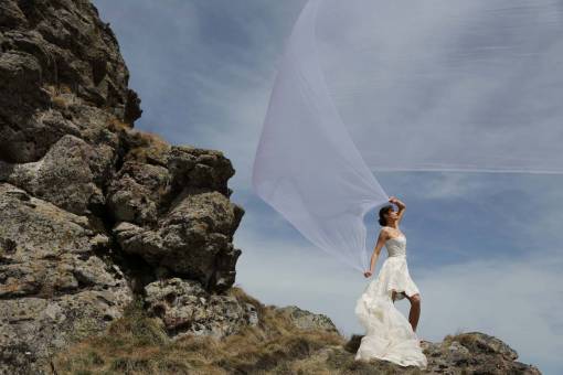 side posing  young woman  side view  mountain 