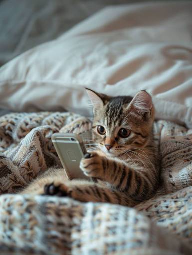 cat Small cat lying on the bed using a cell phone