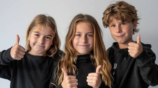 girl Three children looking at a camera with thumbs up