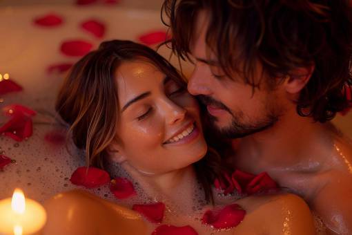 love Young couple in a bathtub with rose petals and candles