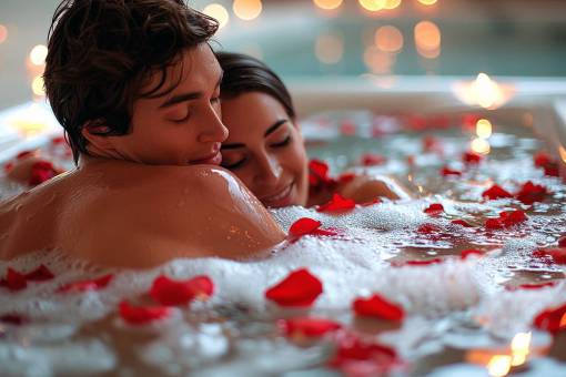 love Young couple in a bathtub with rose petals and candles