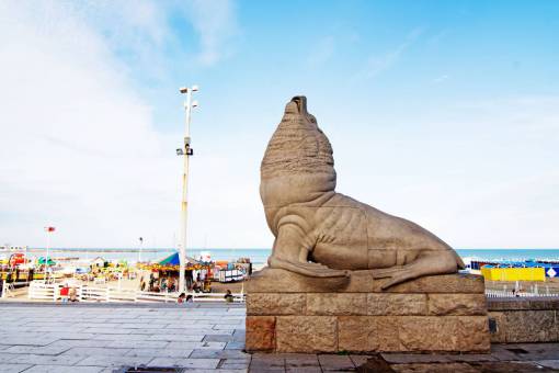vacaciones MAR DEL PLATA, BUENOS AIRES - DICIEMBRE 2019: Vista de la estatua del león marino, famoso punto de referencia de la costa de la ciudad de Mar del Plata en la provincia de Buenos Aires, Argentina