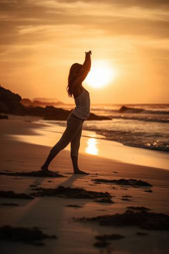 one-young-woman-only Young woman meditating on the beach at sunrise