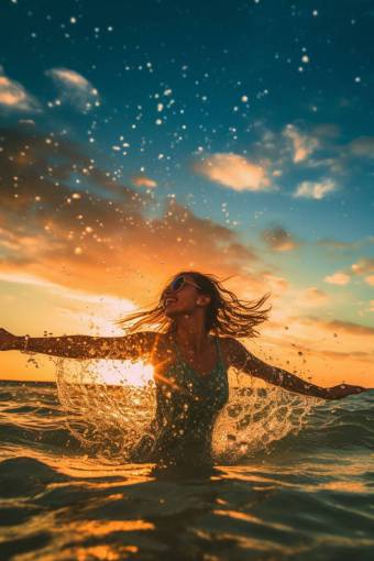happy Young woman on the beach with open arms in the sea