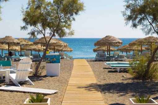 umbrella beach  greece  santorini  palms  travel  sand  umbrellas