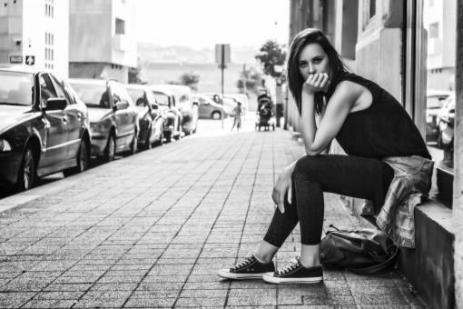 way black and white  woman  girl  alone  sitting  waiting  street