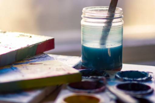 brush clean  paint  brush  blue  glass  jar  easel