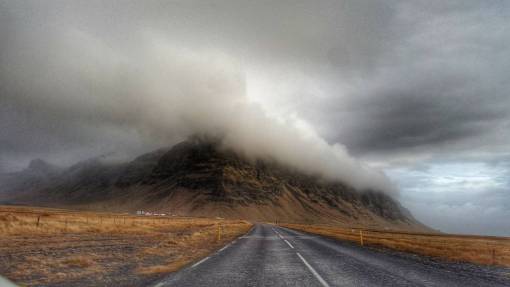 lane fog  mountain  hills  road  lane  clouds  sky