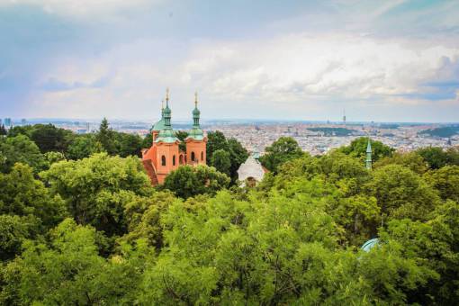 prague landscape  trees  synagoge  view  prague  sky  clouds