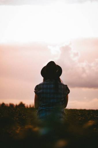 checkered people  woman  checkered  grass  sunset  alone  clouds