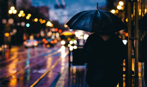 espalda persona, gente, espalda, pararse, paraguas, lluvia, llovizna