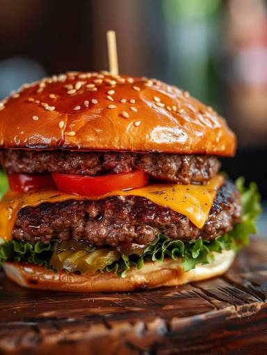 food Burger with cheese, tomato and pickles