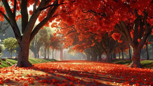 landscape Path in an autumn park with trees with reddish leaves
