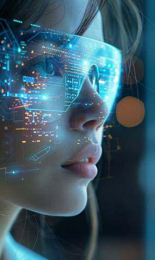 technology Side view of a woman with futuristic AI glasses