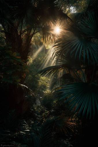 landscape Sun rays entering a dense tropical forest