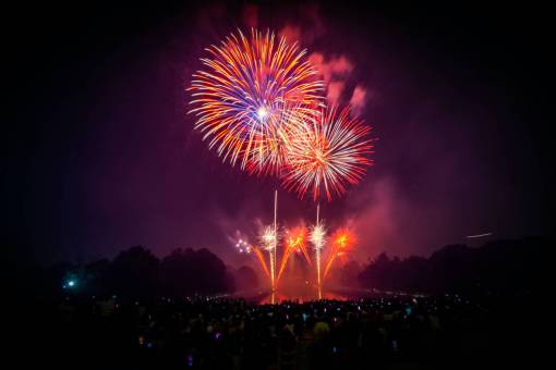 blanco y negro Coloridos fuegos artificiales explotan por la noche