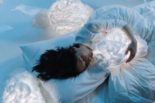 noche retrato, de, un, mujer, sueño, en cama