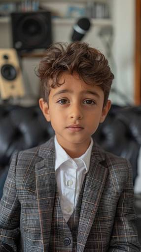 one-young-woman-only Little Boy Dressed in Elegant Suit Looking at Camera – Sophistication, Style, and Charm