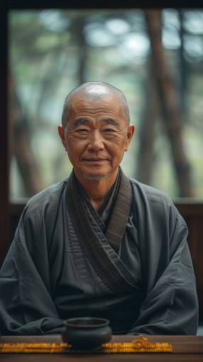 outdoor Portrait of an Oriental Monk in the Forest – Wisdom, Peace, and Spirituality