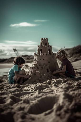 car Two Children Building a Sandcastle on the Beach – Joy, Creativity, and Summer Fun