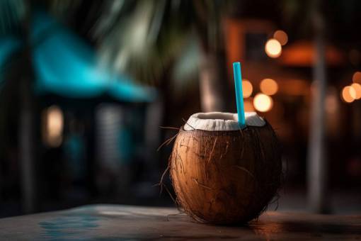 relaxation Fresh Coconut with Straw at Tropical Bar – Refreshment and Summer Vibes