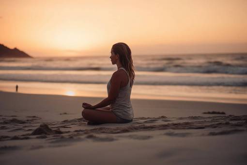car Woman Meditating on the Beach at Dawn – Peace, Mindfulness, and New Beginnings