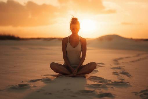 car Woman Meditating on the Beach at Dawn – Peace, Mindfulness, and New Beginnings